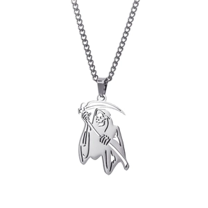Gothic Grim Reaper scythe pendant in polished stainless steel on a silver curb chain
