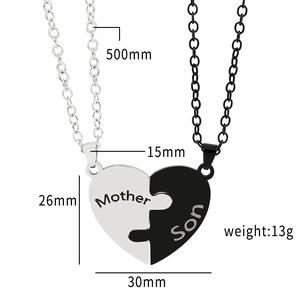 Detailed dimension view of Mother and Son split heart necklaces in silver and black finish