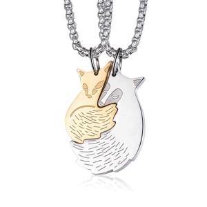 Ensemble de colliers puzzle renard en acier inoxydable avec pendentifs or et argent