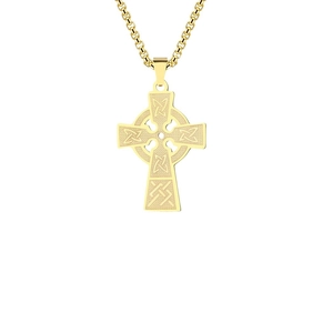 Polished gold Celtic cross pendant necklace with intricate knot patterns for men