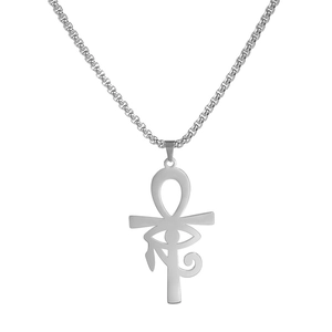 Collier avec pendentif Ankh et Œil d'Horus en acier titane avec finition argentée