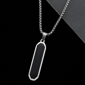Minimalist geometric bar necklace for men in silver stainless steel with black inlay