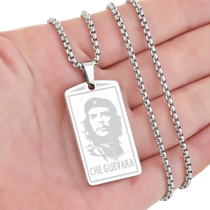 Stainless steel Ernesto Che Guevara portrait pendant necklace with box chain held in hand