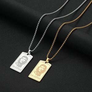 Stainless steel Che Guevara pendant necklaces in gold and silver with square pearl chains