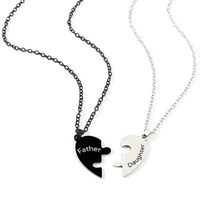 Polished stainless steel split heart puzzle necklace with Father and Daughter engraving