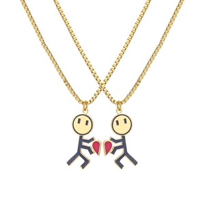 Pärchen-Halsketten mit Stickman-Herzanhängern aus poliertem goldenem Edelstahl