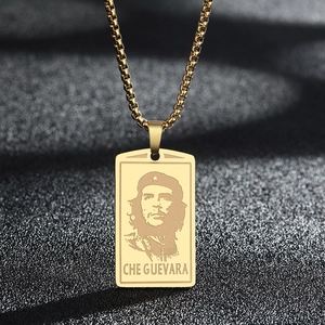 Stainless Steel Che Guevara Portrait Pendant Necklace For Men Women Retro Military Style Rectangular Tag Snake Chain Jewelry