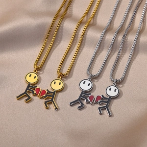 Edelstahl Matching Set Herz Strichmännchen Anhänger Halskette Für Paare Unisex Emaille Box Kette Schmuck Valentinstag Geschenk