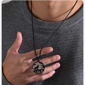 Viking wolf forest pendant necklace in stainless steel on black woven chain for men