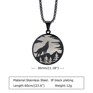 Stainless steel black howling wolf pendant necklace with 60cm chain for men