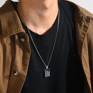 Men's polished stainless steel rectangle pendant necklace with black enamel edge