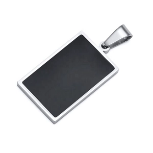 Men's polished stainless steel rectangle pendant with black inlay and silver frame