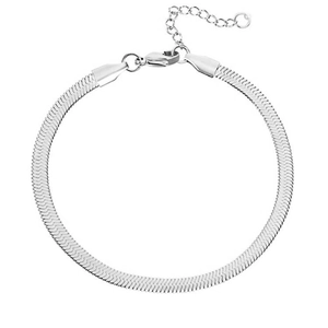 Detail shot of a silver snake chain bracelet featuring a lobster clasp and extension chain