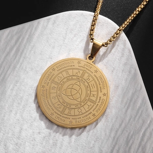 Goldene Edelstahlkette mit Jahresrad-Anhänger, keltischem Knoten und Tierkreiszeichen