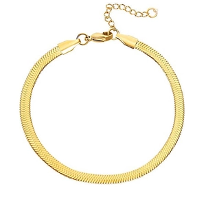 Detail of golden herringbone chain bracelet with lobster clasp and adjustable link