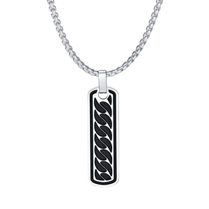 Collier pour homme en acier inoxydable avec pendentif rectangulaire aux motifs noirs