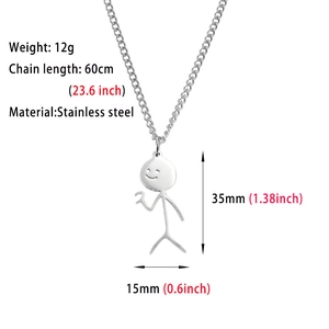 Detail view of cartoon matchstick man pendant with dimensions and stainless steel material