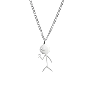 Minimalist silver stick figure necklace in stainless steel with funny person pendant