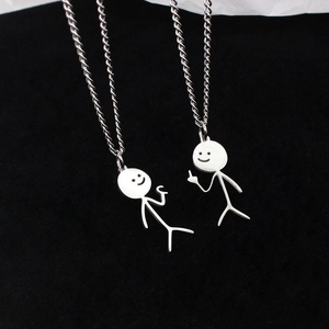 Funny Stick Figure Pendant Necklace Stainless Steel Polished Heart Middle Finger Couple Jewelry For Men Women Individual