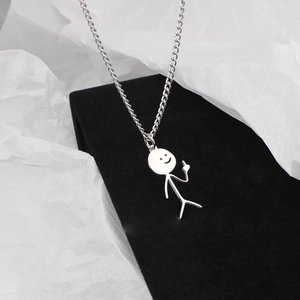 Quirky silver stickman pendant necklace in stainless steel with a funny heart hand gesture