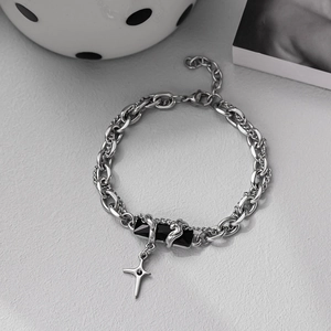 Celestial wrap silver chain bracelet with black stone and cross pendant in punk style