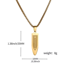 Detailed view of Jesus gold bullet cross pendant with 35mm height and 8g weight specs
