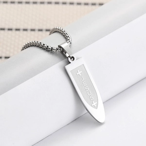Polished stainless steel bullet pendant with Jesus cross engraving on a box chain