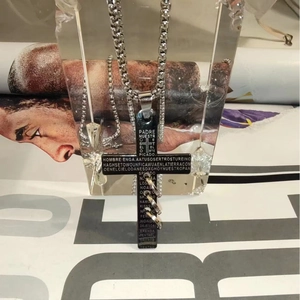 Men's retro cross pendant necklace with engraved prayer and silver rings on chain