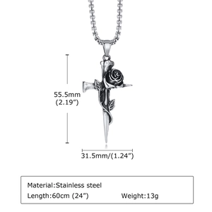 Retro stainless steel rose cross necklace with thorn vine pendant on a pearl chain