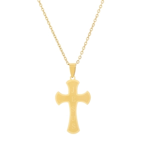 Collier croix en acier inoxydable doré avec gravure Jésus verticale sur une chaîne fine