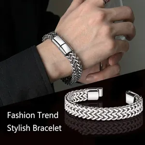 Double-layered stainless steel wheat chain bracelet for men with a metallic finish