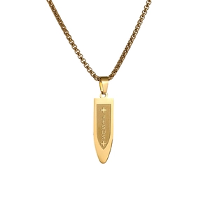 Gold stainless steel bullet pendant necklace with JESUS engraving and cross symbols