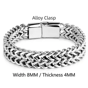 8mm wide double row wheat link chain bracelet in stainless steel with a sleek square clasp
