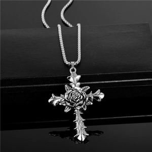 Vintage gothic silver cross necklace with 3D rose flower pendant and thorny accents