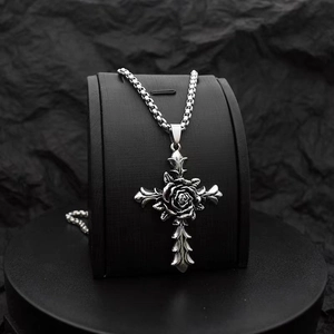 Gothic thorns rose cross pendant necklace with box chain for men on black display stand