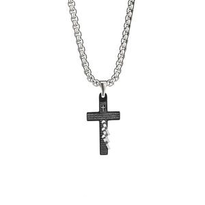 Retro matte black cross pendant with silver scripture rings on heavy industrial chain