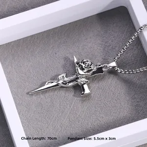 Detailed view of vintage rose thorn cross pendant with 70cm chain dimensions info