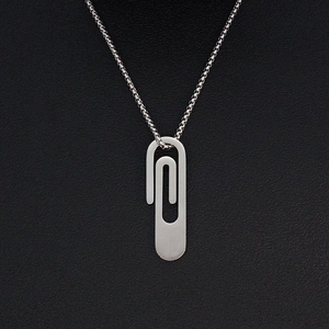 Minimalist silver paperclip pendant necklace in polished stainless steel for men