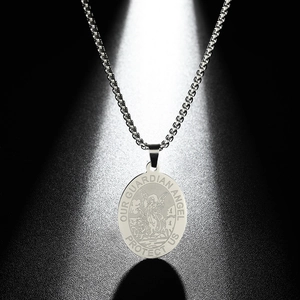 Guardian Angel necklace in stainless steel with coin pendant on box chain