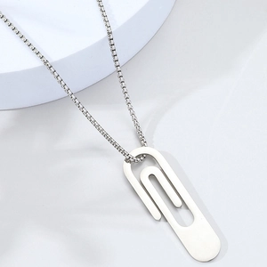 Minimalist silver stainless steel paperclip pendant necklace with a box chain for men