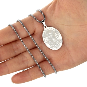 Guardian Angel necklace in stainless steel with oval coin pendant on a silver box chain