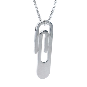 Detailed view of silver stainless steel paperclip pendant on a polished box chain necklace