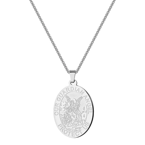 Oval stainless steel guardian angel coin necklace with protective prayer engraving