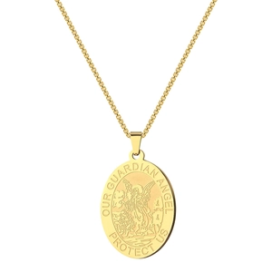 Vintage gold stainless steel guardian angel pendant necklace with engraved coin relief