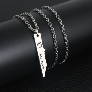 Polished stainless steel bar necklace with 'My Love' engraving and face silhouette