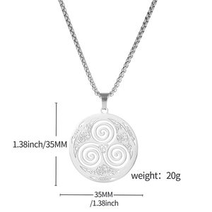 Silver Celtic Triskele pendant necklace in stainless steel with detailed dimensions