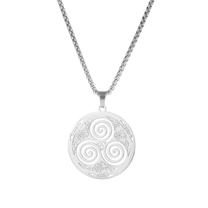 Detailed macro view of the Celtic Triskelion knot pendant on a box chain necklace