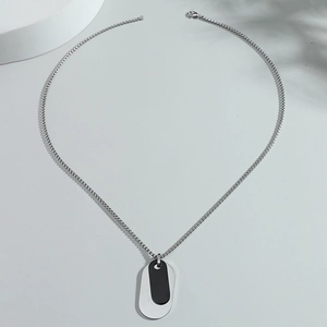 Modern oval two-tone stainless steel pendant necklace with silver and black finish