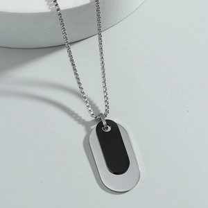 Stainless Steel Oval Dog Tag Pendant Necklace Double Layer Two Tone Industrial Style Box Chain Men Women Minimalist Jewelry