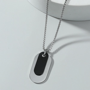 Men's minimalist oval bicolor stainless steel pendant necklace with silver box chain link